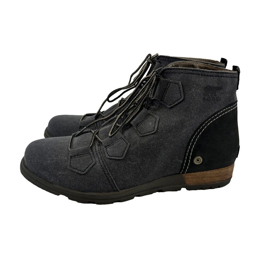 Sorel Major Lace Up Ankle Boot Wedge Gray Canvas‎ Leather NL2163-010 Womens 10